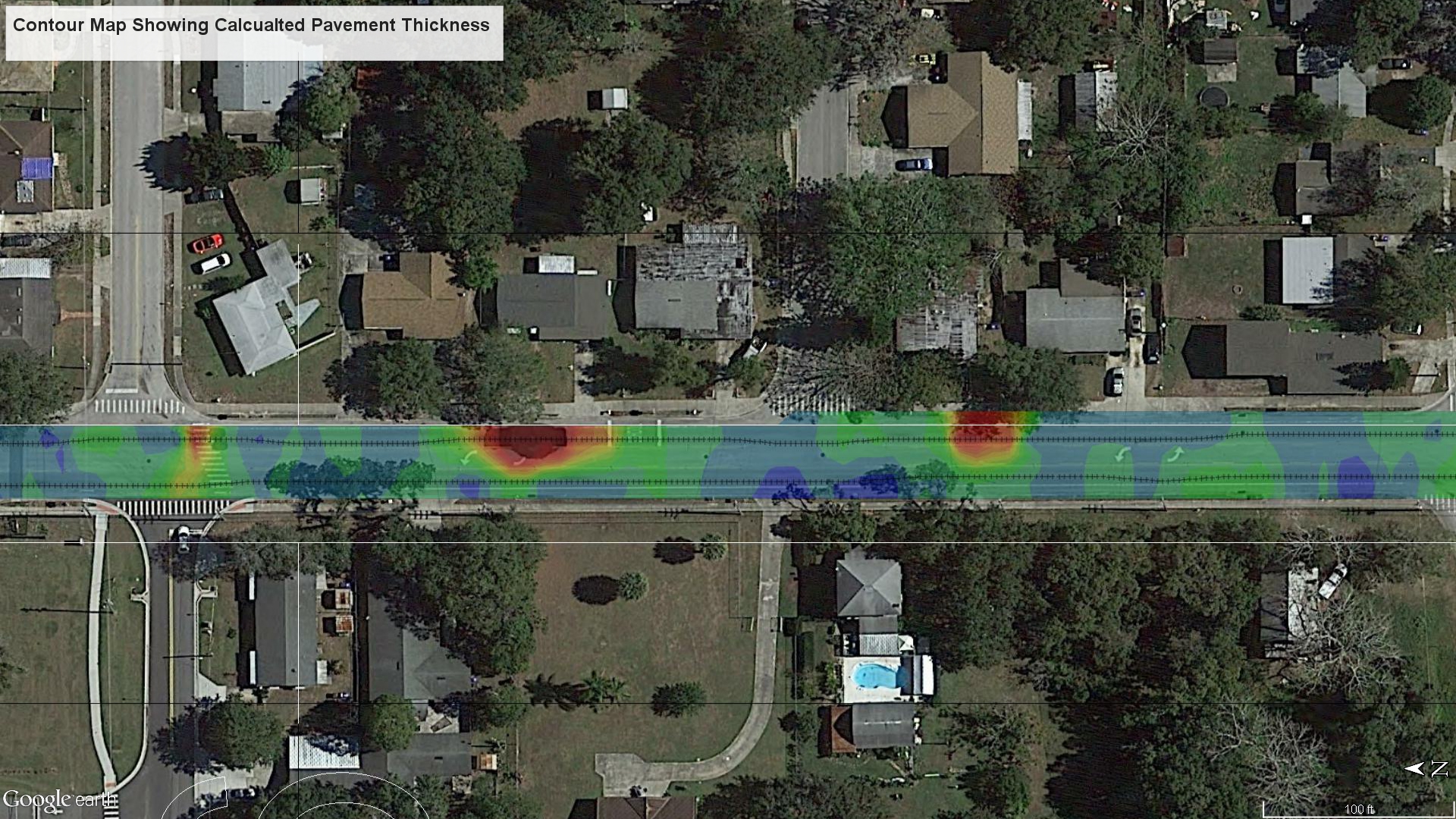 Contour Map Showing GPR Calcualted Pavement Thickness