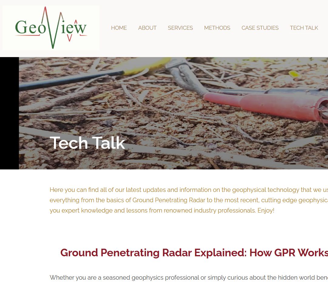 Check out our new "Tech Talk" page from our website!

https://geoviewinc.com/tech-talk/

Here you can find all of our latest updates and information on the geophysical technology that we use. We will be discussing everything from the basics of Ground Penetrating Radar to the most recent, cutting edge geophysical technology. We even bring you expert knowledge and lessons from renowned industry professionals. Enjoy!

#GeoView #Geophysics #GeophysicalSurvey #TechTalk #EngineeringGeology #AppliedGeophysics #GroundPenetratingRadar #GPR #NonDestructiveTesting #NDT #RemoteSensing #SeismicTesting #Electromagnetics #GeotechnicalEngineering #Geoscience